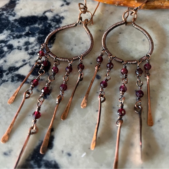 Hand Crafted Copper Red Garnet Crystal Beaded Dangle Chandelier Earrings - Picture 4 of 17